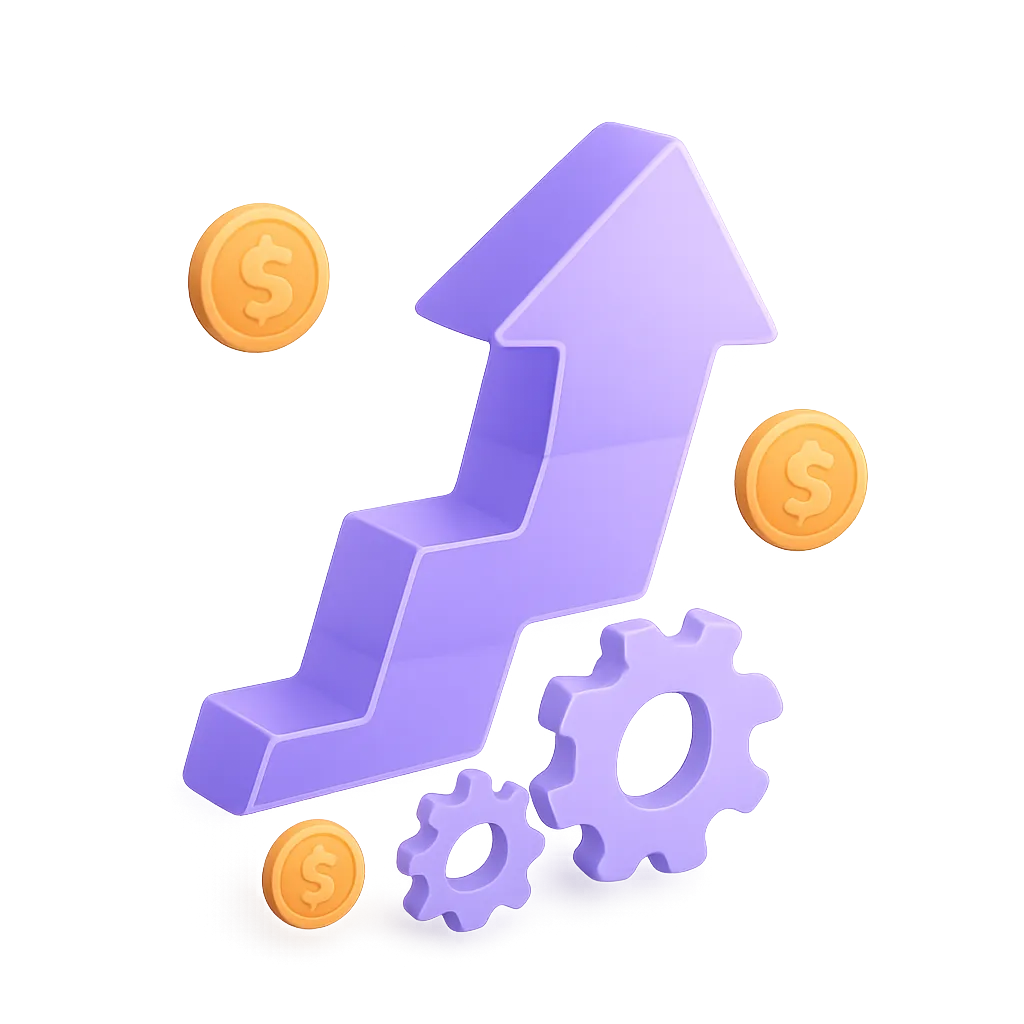 Growth automation illustration showing upward trend with gears and coins